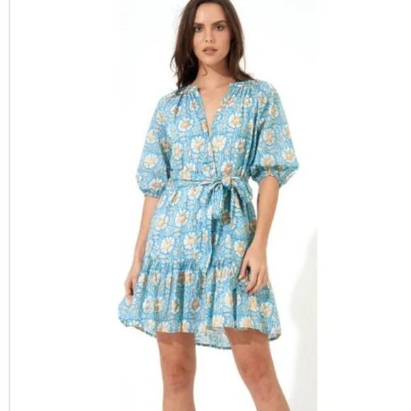 Oliphant Dresses & Skirts - Oliphant Dress Womens Small Haveli Mini Ruffle Hem Puff‎ Sleeve Cotton Feminine